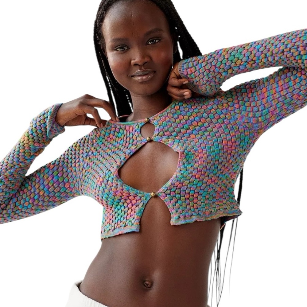 Urban Outfitters Piper Keyhole Textured Knit Long Sleeved Crop Top Sz Medium